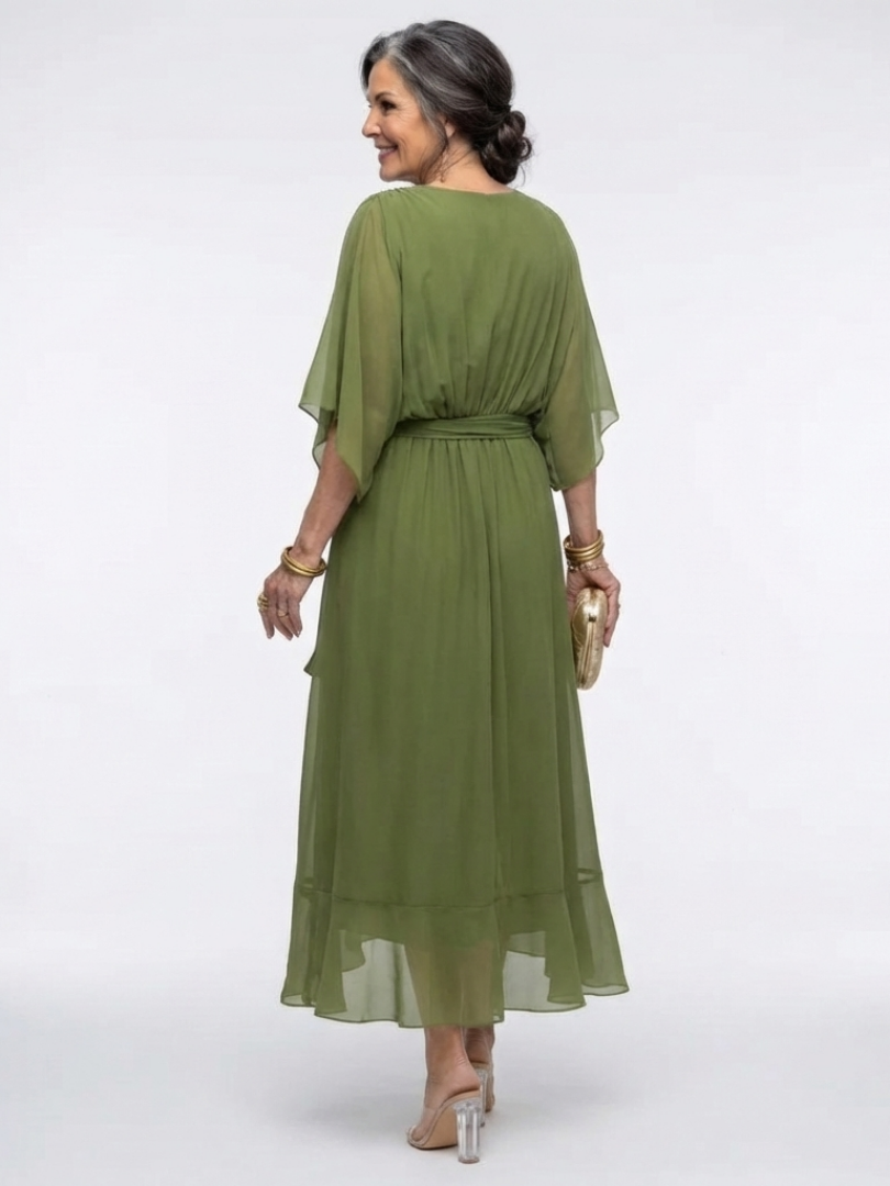 Elysia | Robe Midi Drapée à Encolure en V avec Ceinture