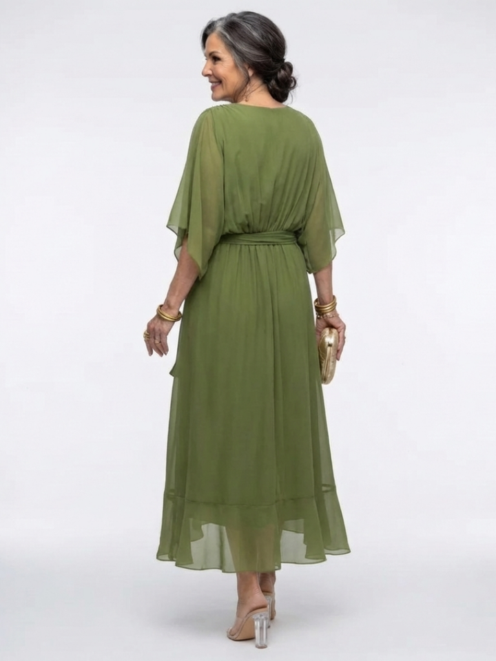 Elysia | Robe Midi Drapée à Encolure en V avec Ceinture