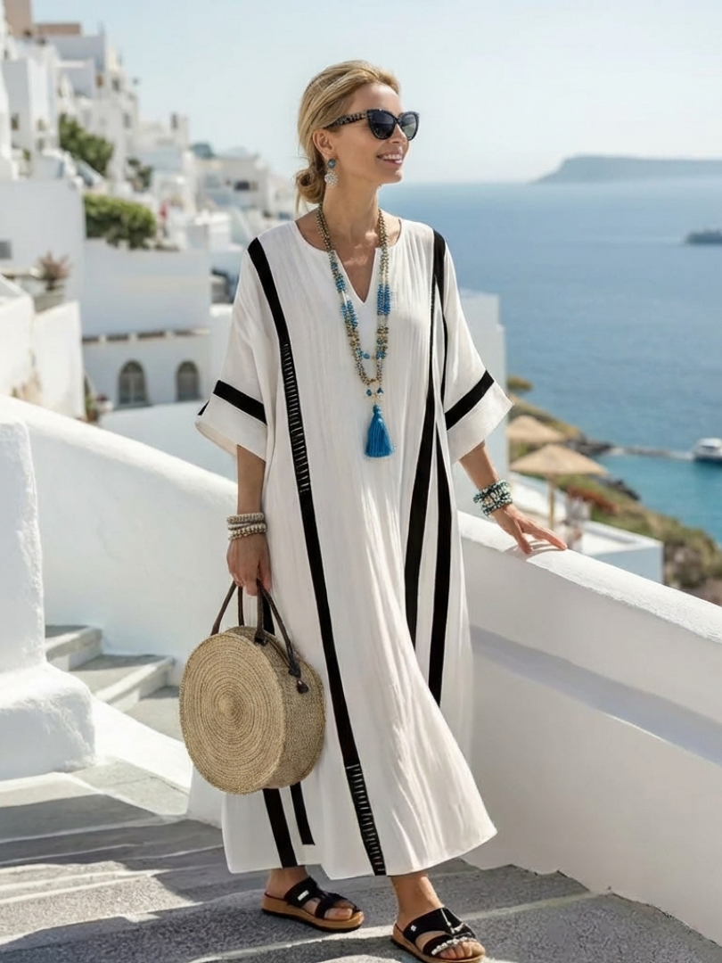 Elvienne | Robe Maxi à Manches Courtes en Blocs de Couleurs Rayée