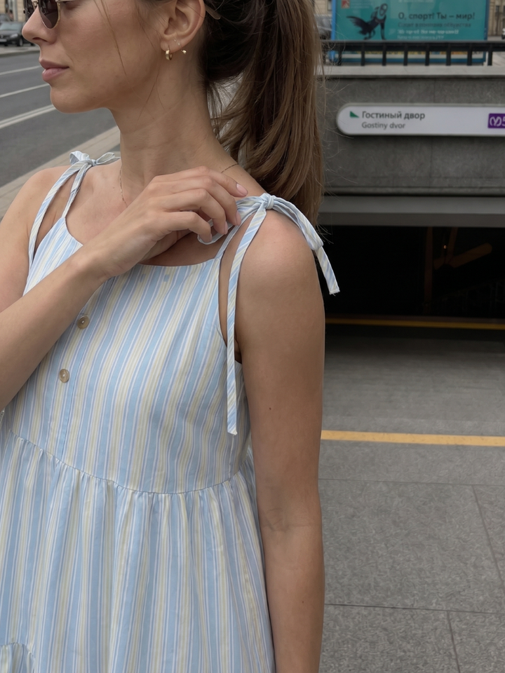 Nathalia | Robe Midi à Bretelles Lien Sans Manches à Rayures