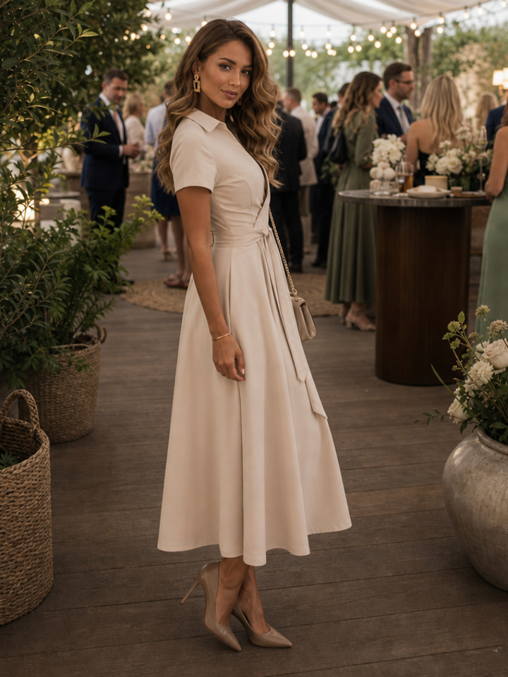 Eleq | Robe midi à manches courtes et col à nouer à la taille