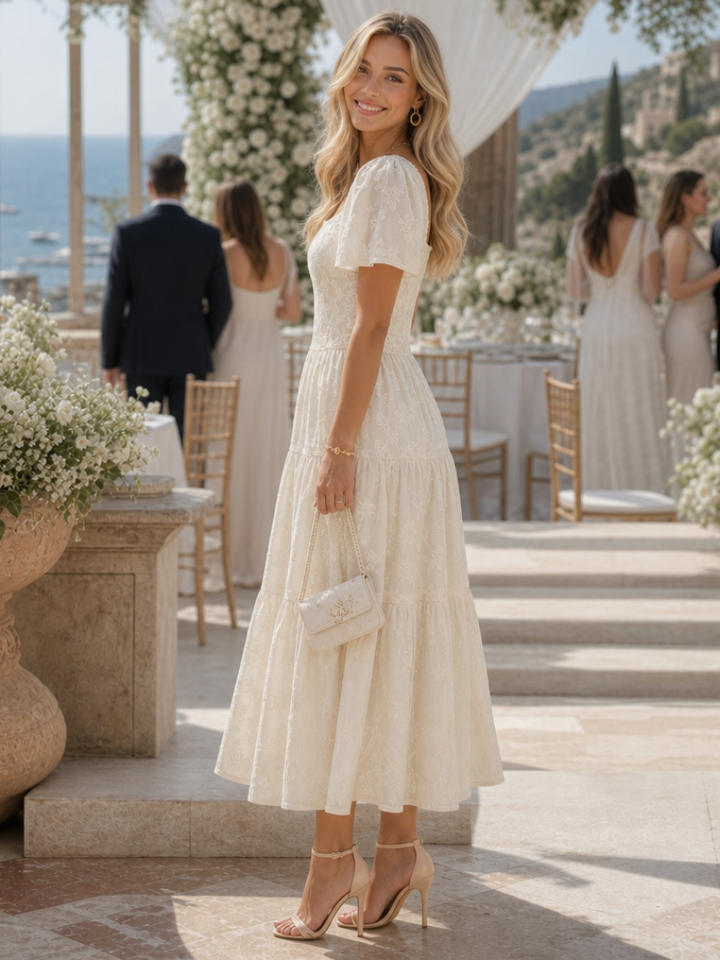 Elaria | Robe midi à manches courtes avec détails floraux texturés
