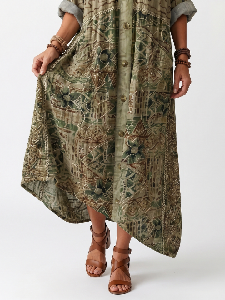 Aleta | Robe midi oversize à poches brodées et bouton sur le devant