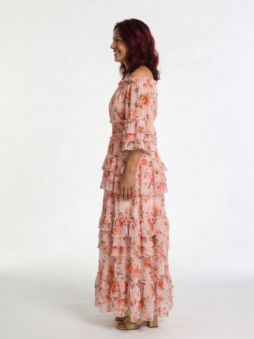 Rosalie | Robe Maxi à Volants Fleurs Décolleté Bardot