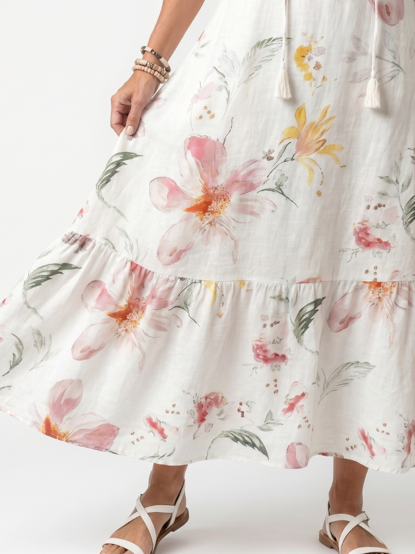 Noa | Robe Midi à Volants Florale Douce avec Franges