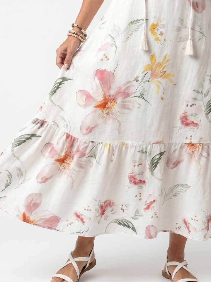 Noa | Robe Midi à Volants Florale Douce avec Franges