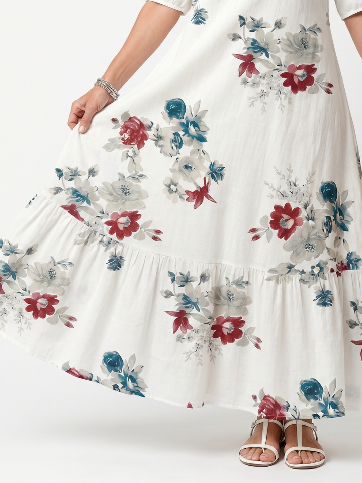 Maeva | Robe Midi à Fleurs Éparpillées avec Franges