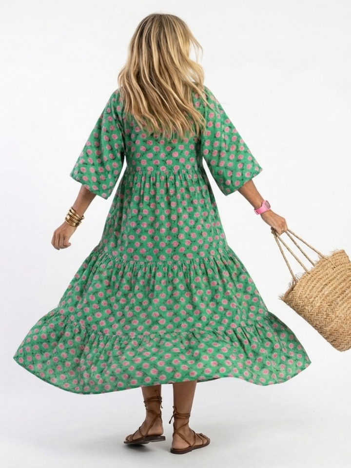 Fiora | Robe midi à volants avec imprimé floral en V