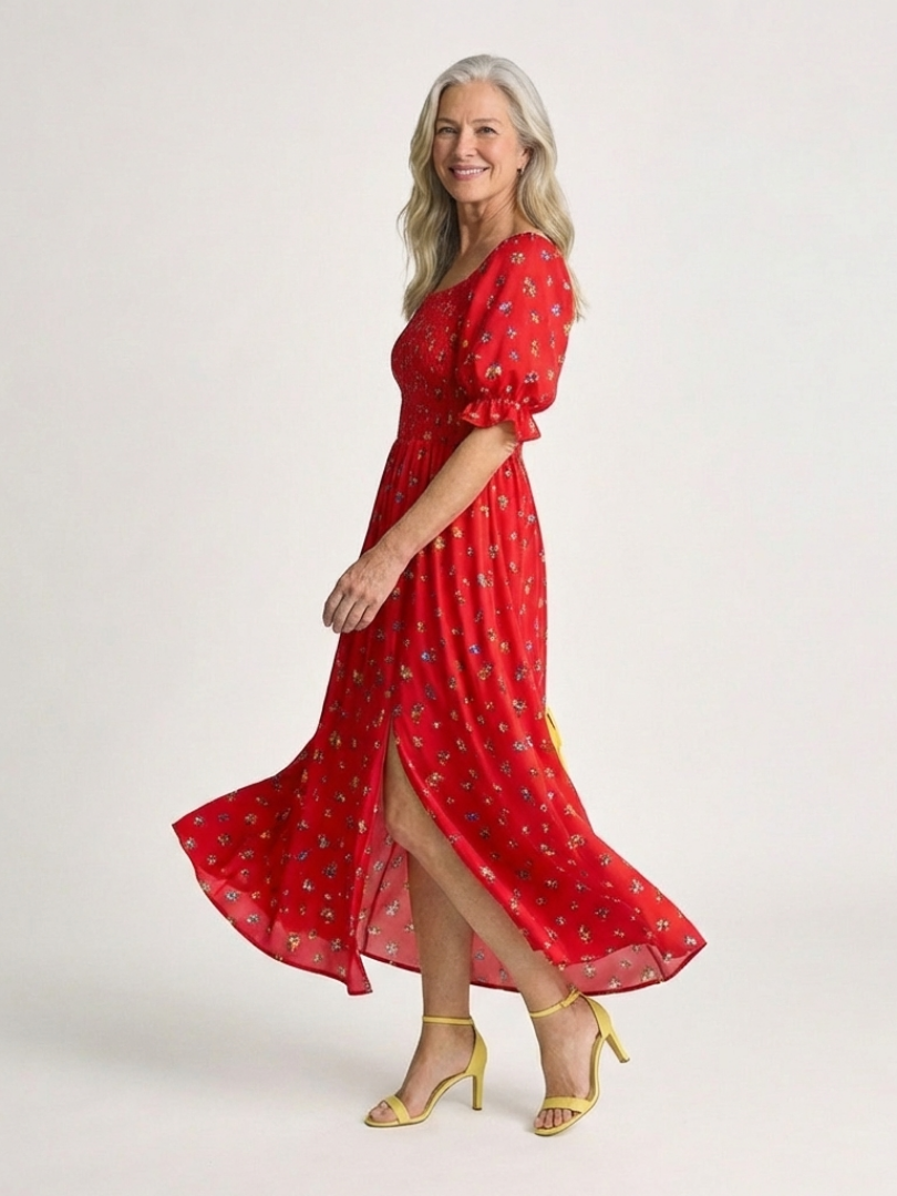 Delphine | Robe Midi à Manches Bouffantes et Décolleté Carré