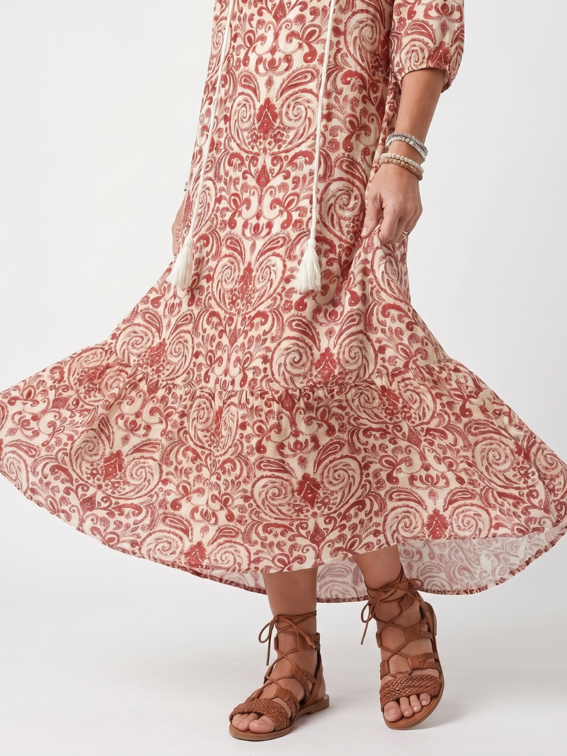 Noelle | Robe Midi à Imprimé Ornate avec Liens à Franges