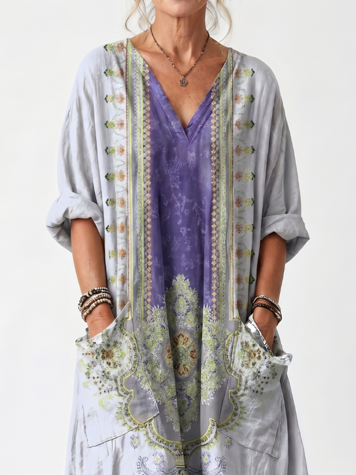 Raina | Robe midi oversized avec panneaux contrastés et broderies
