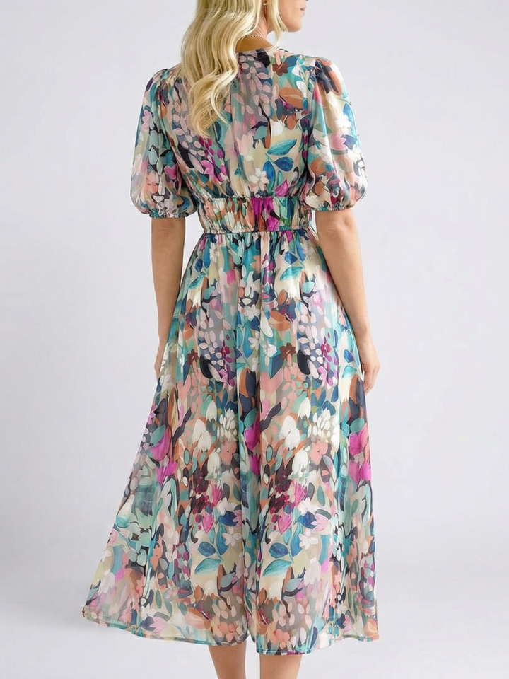 Eulalie | Robe midi à manches courtes et taille froncée en V