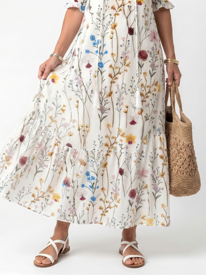 Sylvie | Robe Midi à Imprimé Botanique avec Liens à Franges
