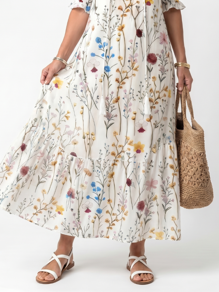 Sylvie | Robe Midi à Imprimé Botanique avec Liens à Franges