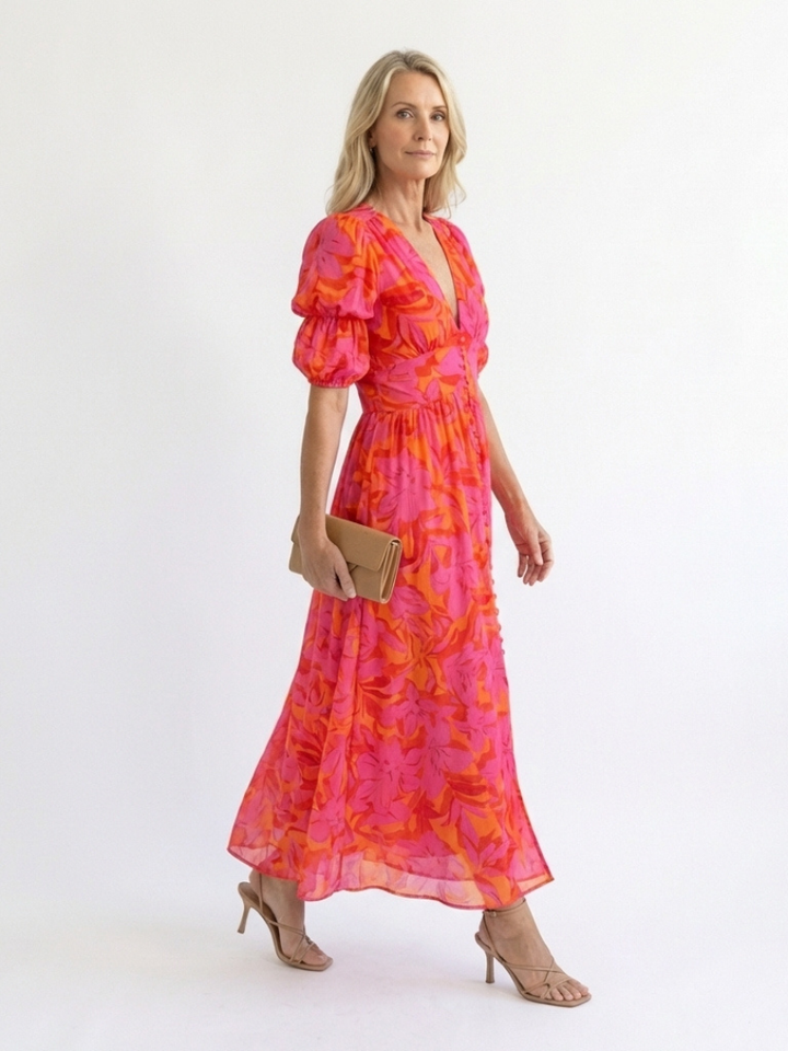 Willow | Robe Midi à Manches Bouffantes et Col V Floral