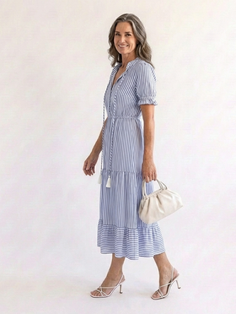 Dakota | Robe Midi à Manches Courtes Rayée à Volants