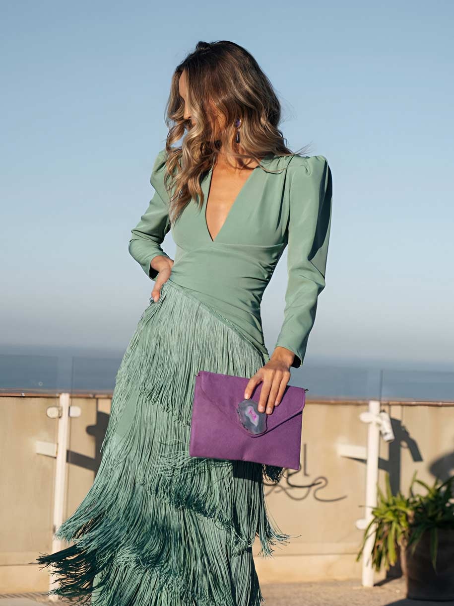 Frida | Robe midi avec franges en vert sauge