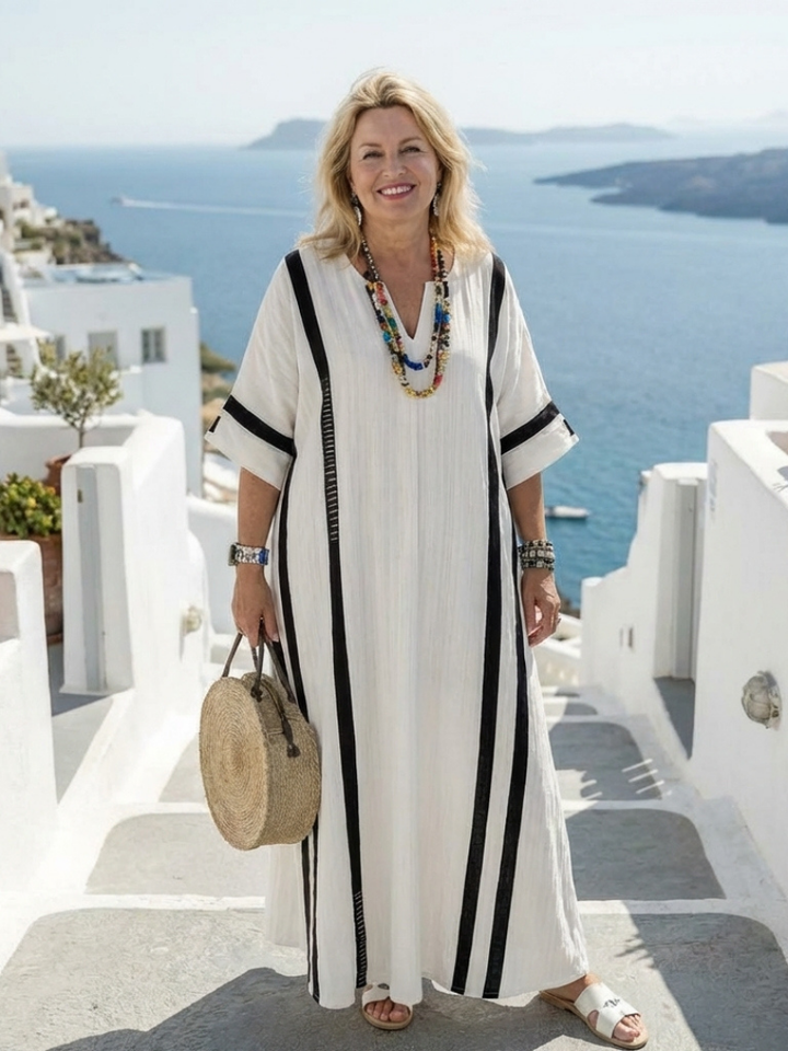Elvienne | Robe Maxi à Manches Courtes en Blocs de Couleurs Rayée