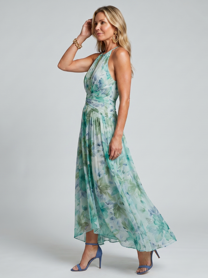 Portia | Robe Midi à Bretelles Plissées avec Motif Floral Doux