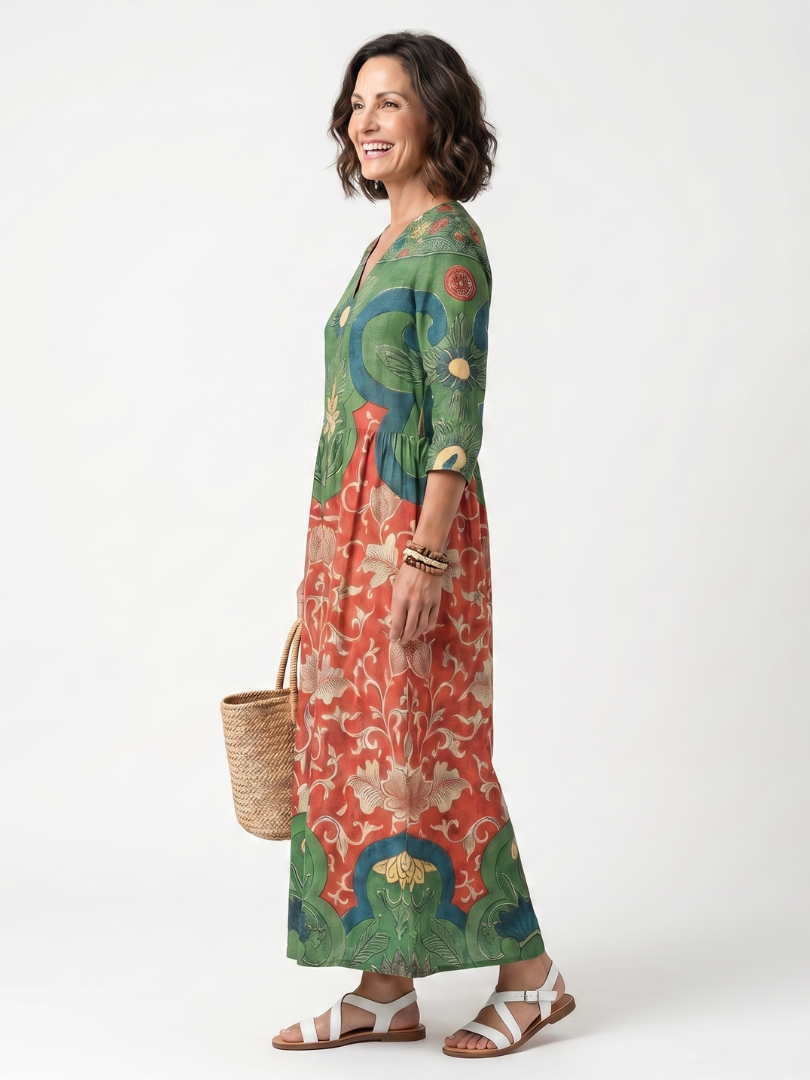 Sloane | Robe Midi à Imprimé Mixte avec Col V et Poches