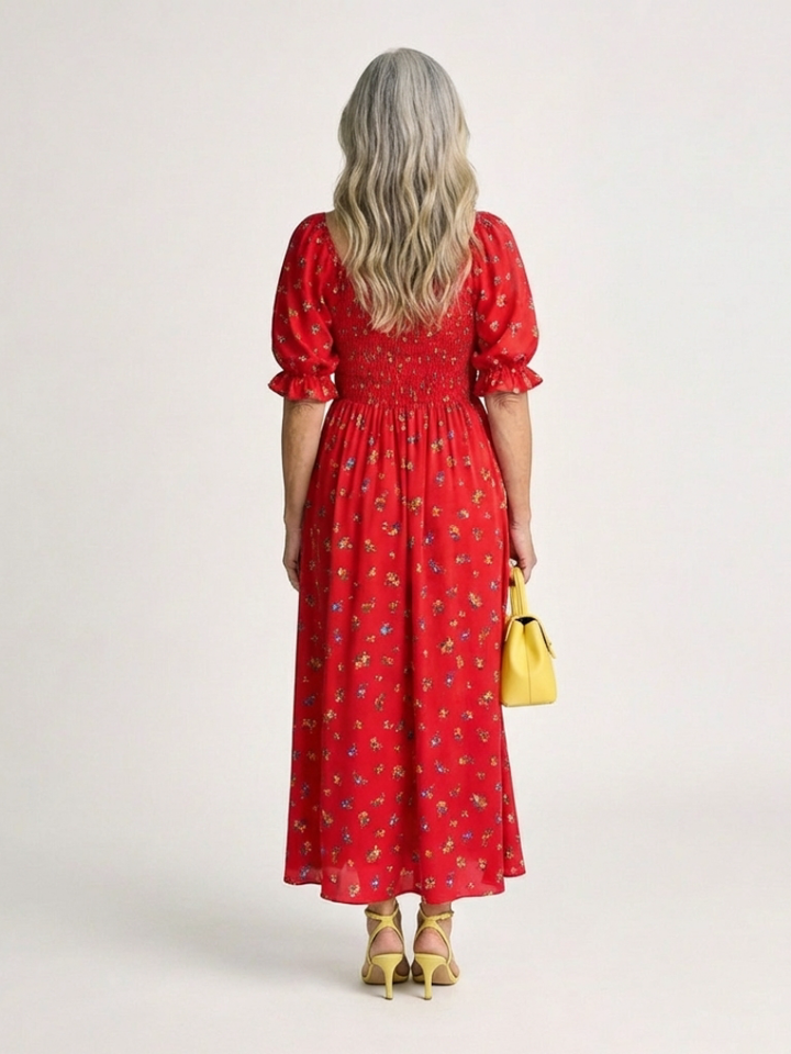Delphine | Robe Midi à Manches Bouffantes et Décolleté Carré
