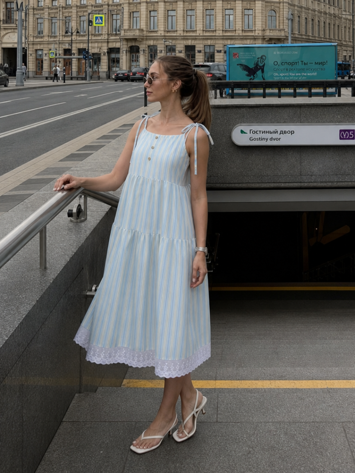 Nathalia | Robe Midi à Bretelles Lien Sans Manches à Rayures