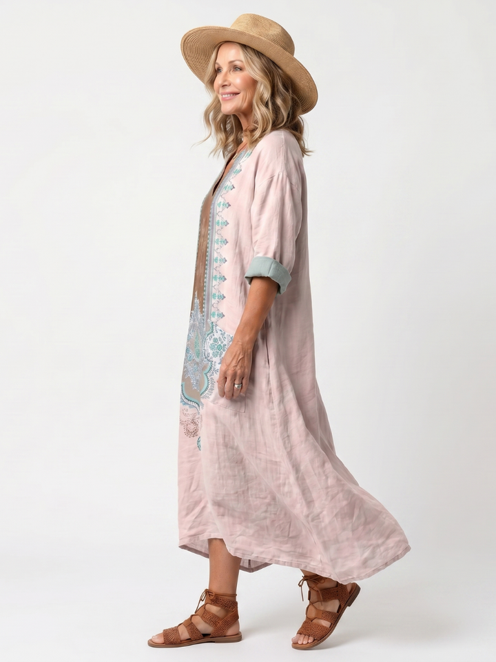 Kenza | Robe Midi Relaxed avec Panneaux Brodés et Poches