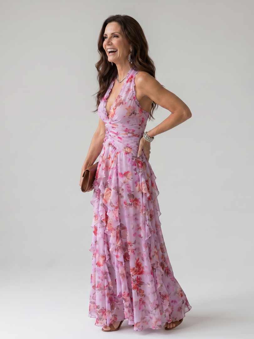Nori | Robe Maxi Fleurie à Décolleté Halter Froncé