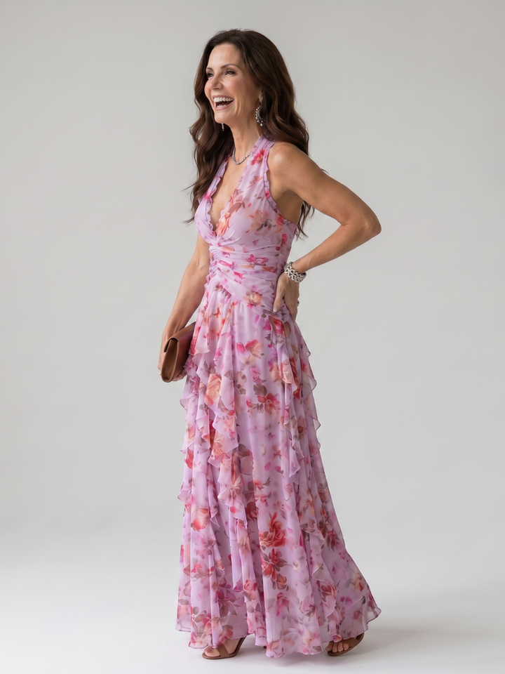 Nori | Robe Maxi Fleurie à Décolleté Halter Froncé