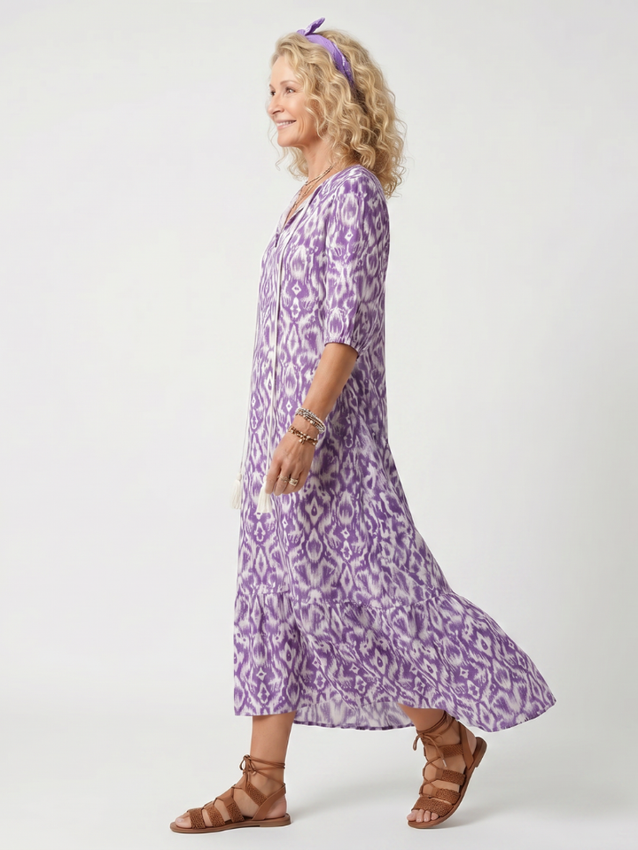 Pénélope | Robe midi à imprimé et liens à franges