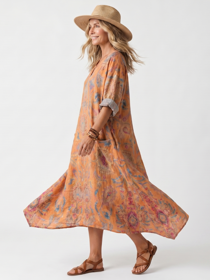 Remi | Robe midi oversized à poches imprimée avec décolleté en V