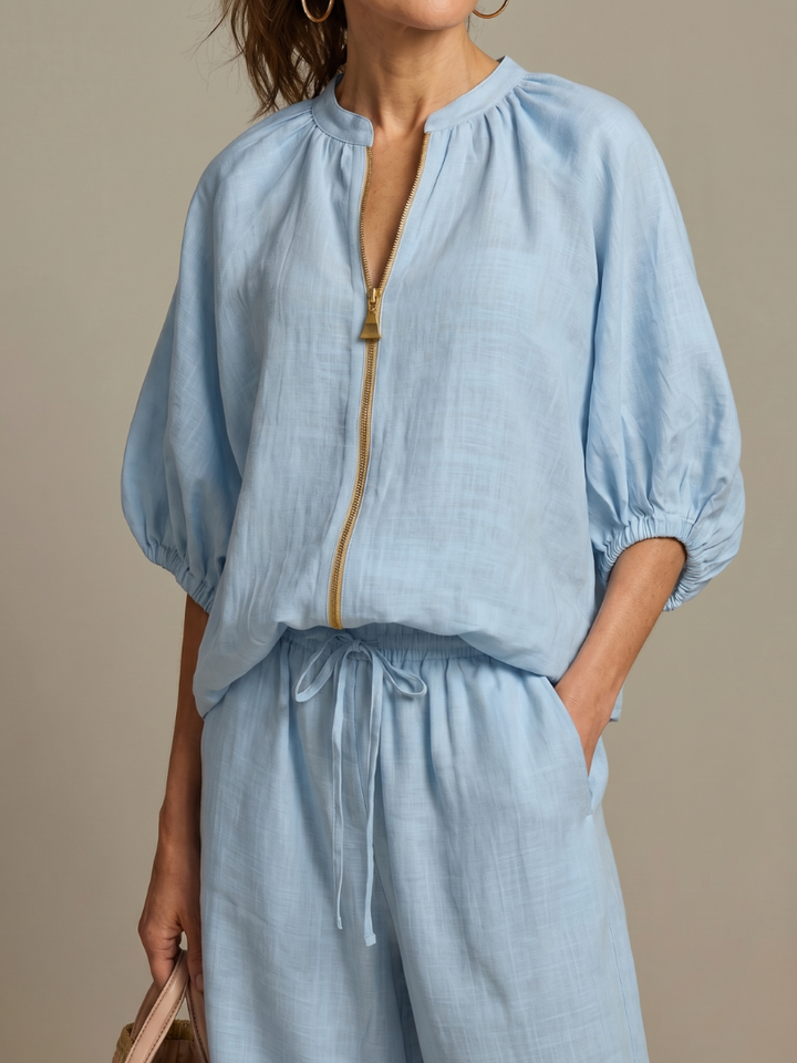 Natalia | Haut Blouson à Zip Avant Ensemble Pantalon Large