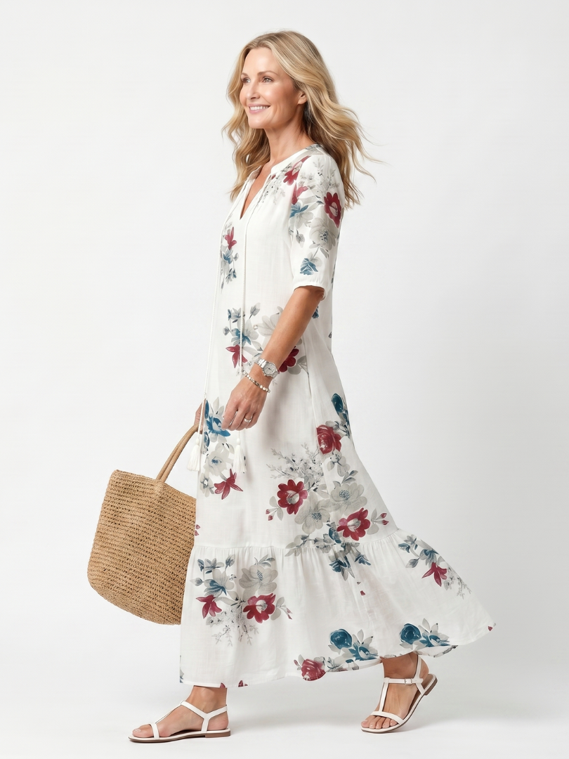 Maeva | Robe Midi à Fleurs Éparpillées avec Franges
