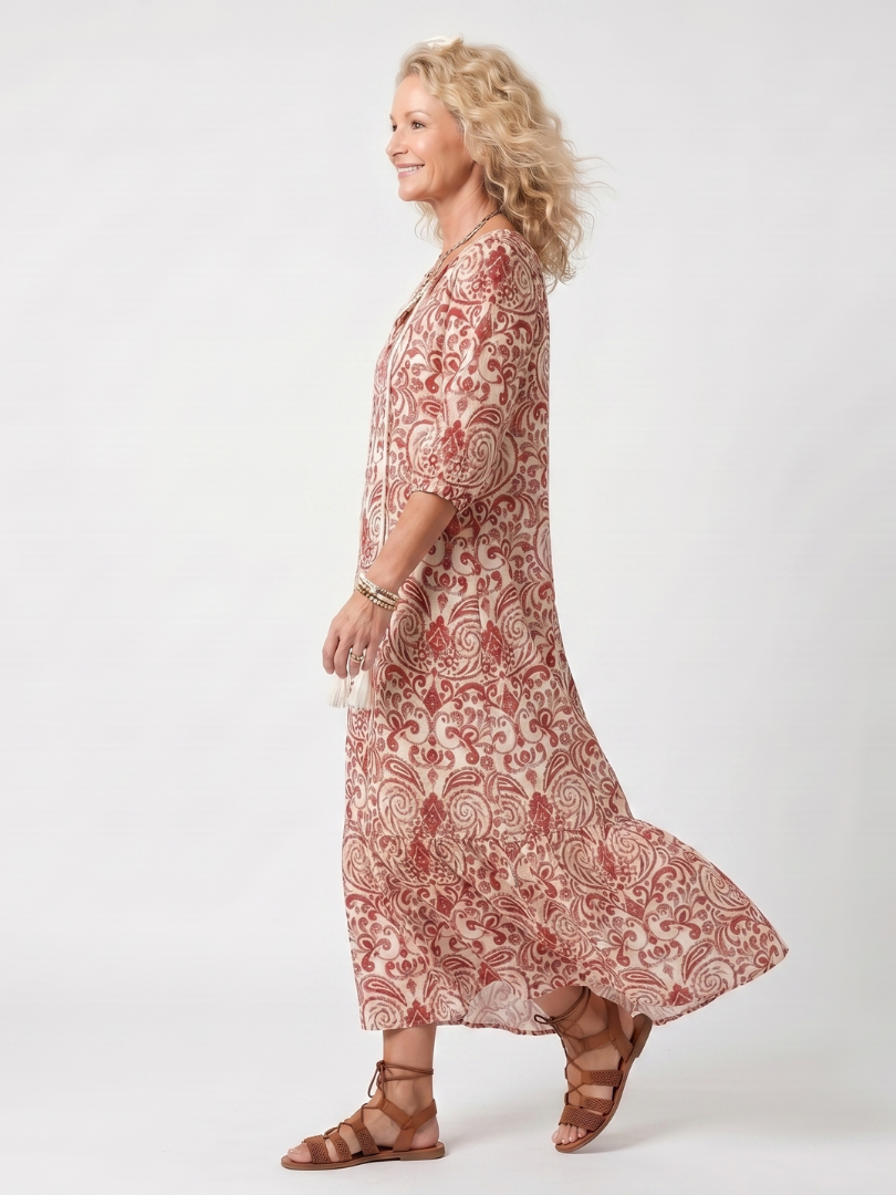 Noelle | Robe Midi à Imprimé Ornate avec Liens à Franges
