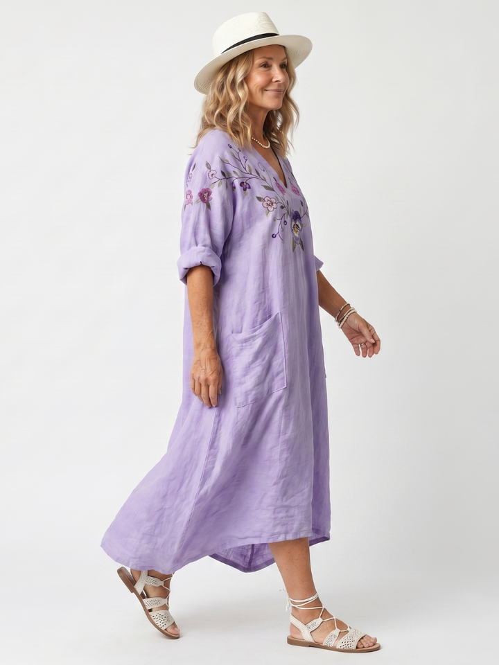 Tavi | Robe Midi Oversize à Poches avec Broderie Florale