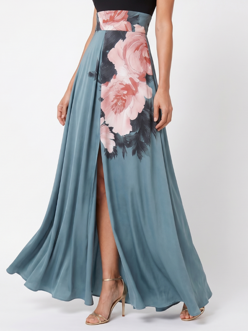 Olympas | Robe Maxi à Bretelles avec Jupe Fleurie