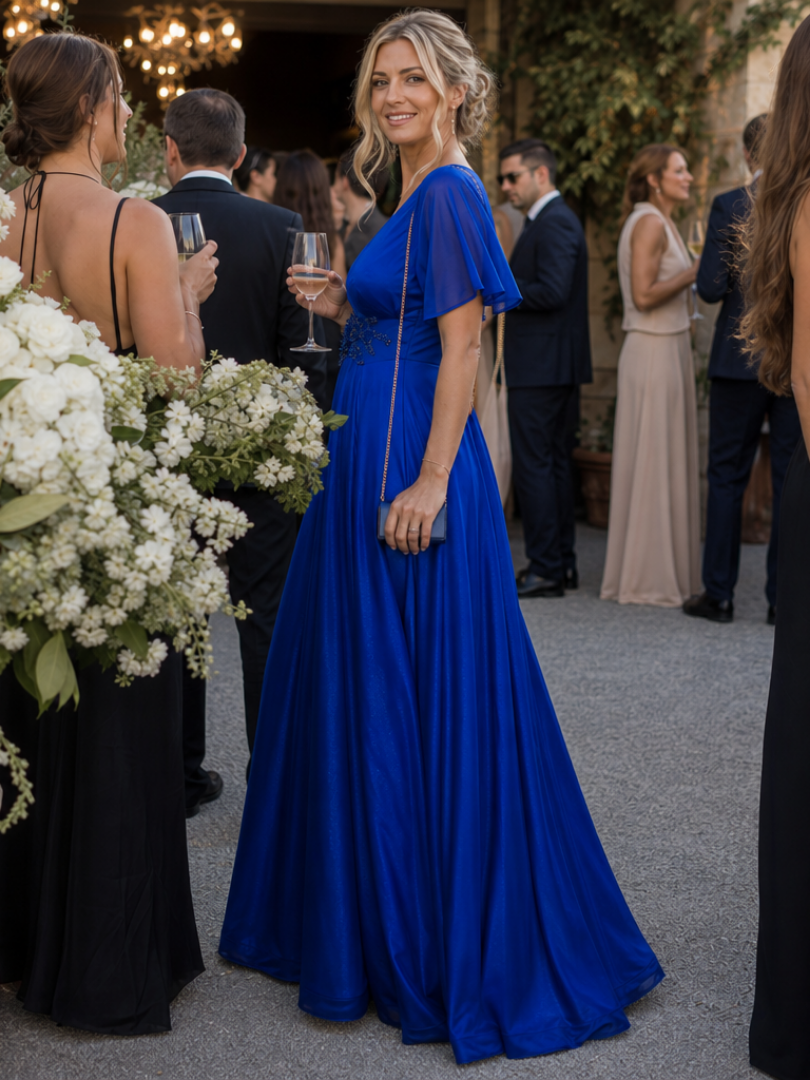 Orelia | Robe Maxi Fluide à Manches Courtes et Col V