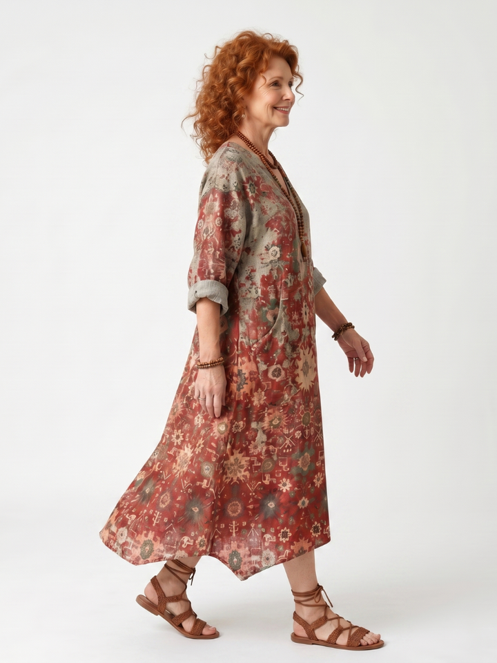 Safran | Robe Midi Relaxed à Poches et Motifs Mixtes