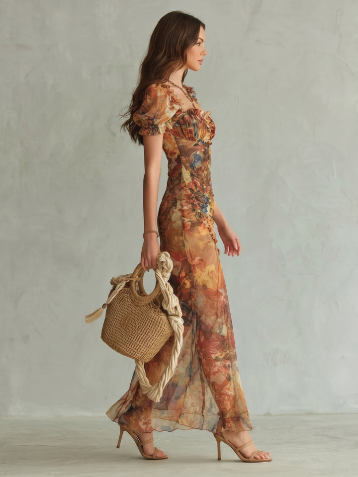 Ciel | Robe Midi à Manches Volantes Froncées
