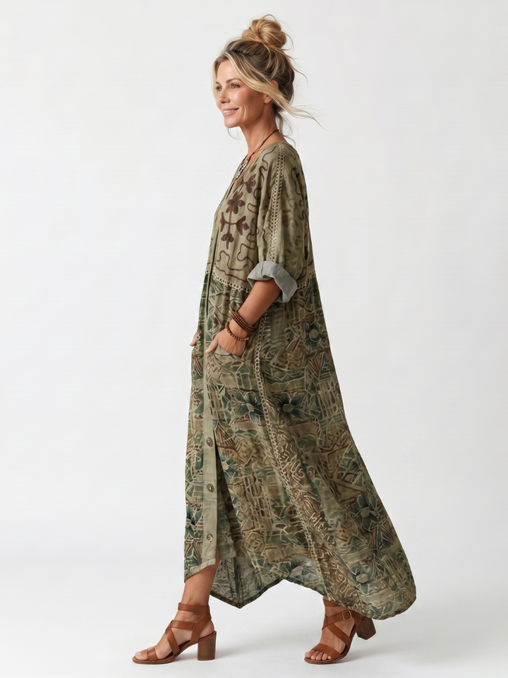 Aleta | Robe midi oversize à poches brodées et bouton sur le devant