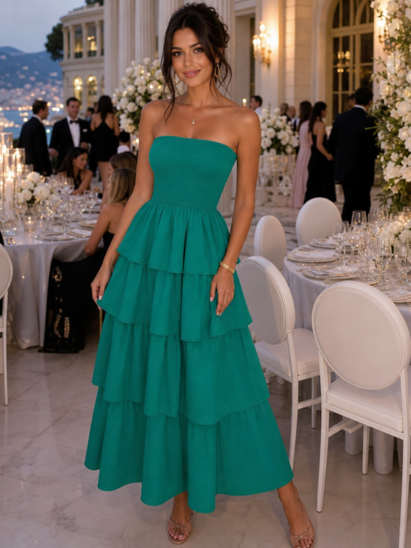 Gemma | Robe Midi à Buste Froncé Sans Bretelles