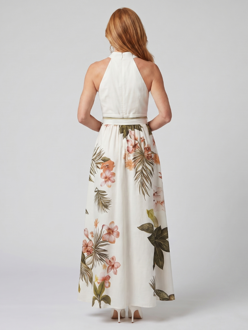 Meadow | Robe maxi à panneaux botaniques drapée à col halter