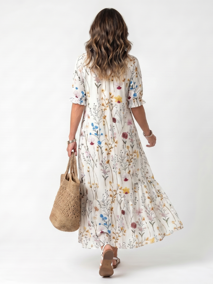 Sylvie | Robe Midi à Imprimé Botanique avec Liens à Franges