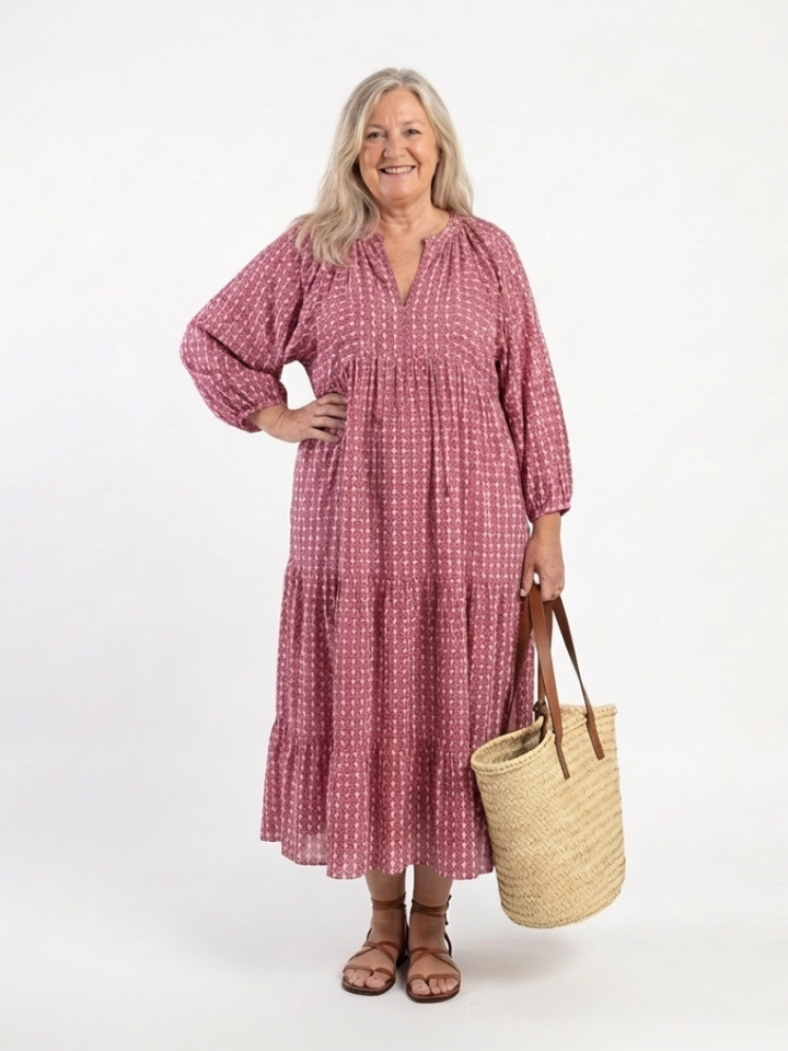 Arlette | Robe Midi à Imprimé Géométrique à Manches Longues