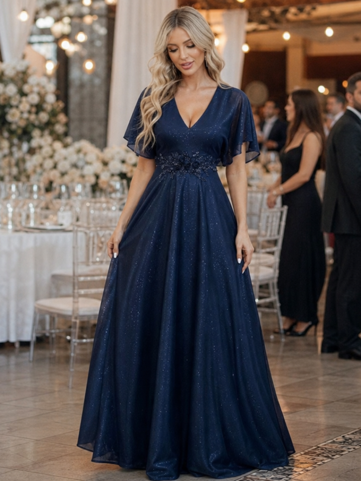 Orelia | Robe Maxi Fluide à Manches Courtes et Col V
