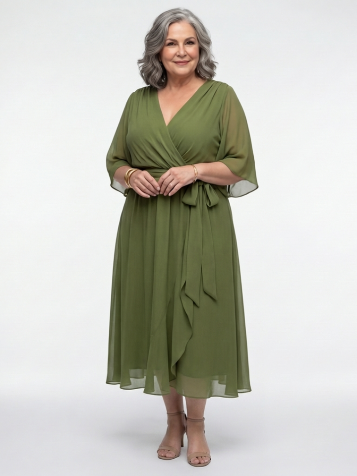 Elysia | Robe Midi Drapée à Encolure en V avec Ceinture