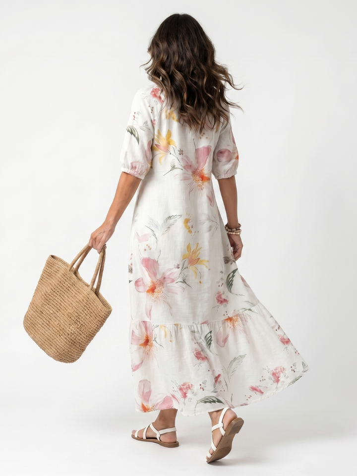 Noa | Robe Midi à Volants Florale Douce avec Franges