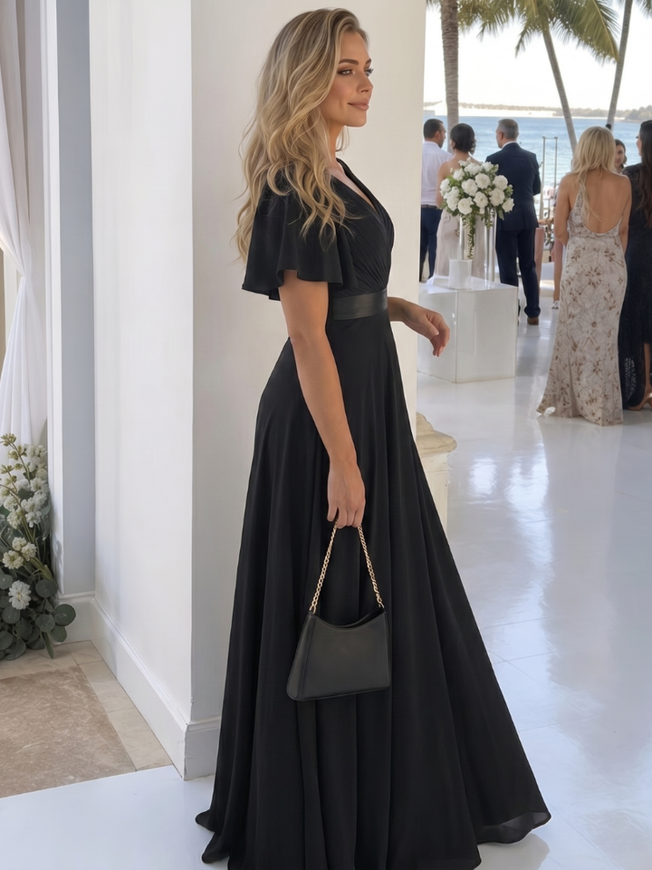 Mige | Robe Maxi à Manches Courtes en Flutter avec Taille Définie