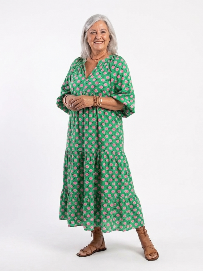 Fiora | Robe midi à volants avec imprimé floral en V