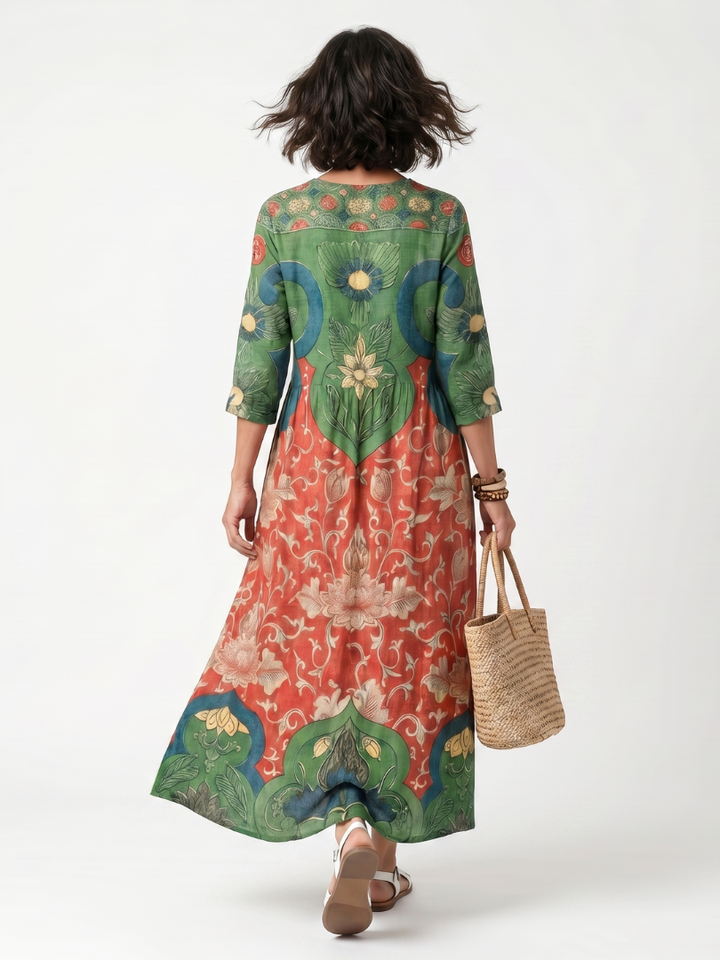 Sloane | Robe Midi à Imprimé Mixte avec Col V et Poches